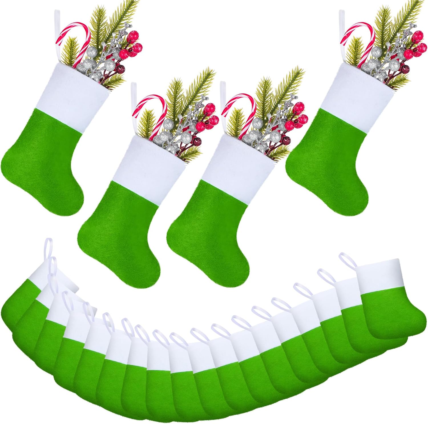Leitee 24 Pcs Small Christmas Stockings Bulk Classic Mini Stockings with White Cuff Felt Christmas Stocking Holders Rustic Decorations Ornaments for Tableware Xmas Tree (Green and White)