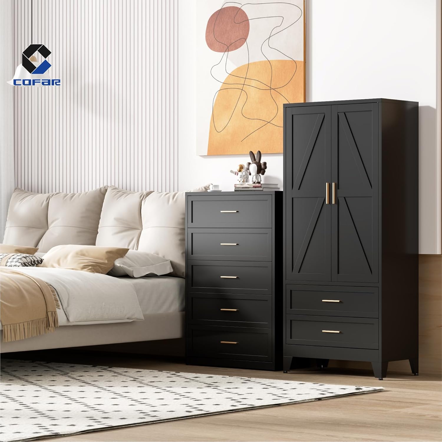 COFaR Metal Wardrobe Closet with Doors, 71'' Tall Farmhouse Bedroom Armoires with Drawers and Hanging Rod, Freestanding Steel Wardrobe Garage Closet for Bedroom Home Office Garage, Black
