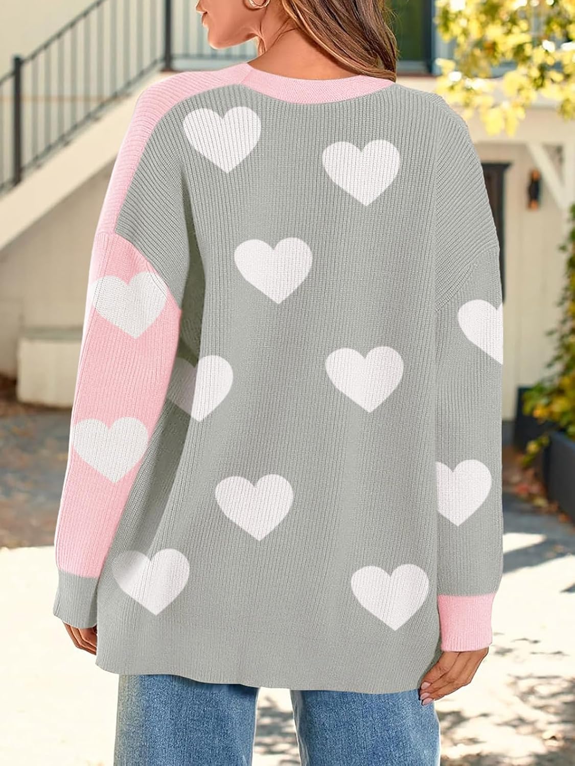 Saodimallsu Womens Heart Cardigan Sweaters Valentines Oversized Winter Color Block Button Up Cute Ribbed Sweater Coats - Image 5