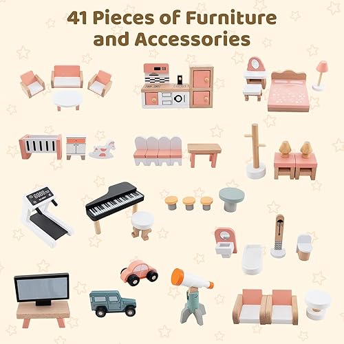 Miniatura 3 de Costzon Casa de muñecas de madera para niños, casa de muñecas de lujo de 3 pisos con 41 piezas de accesorios de muebles, 8 habitaciones, escaleras y