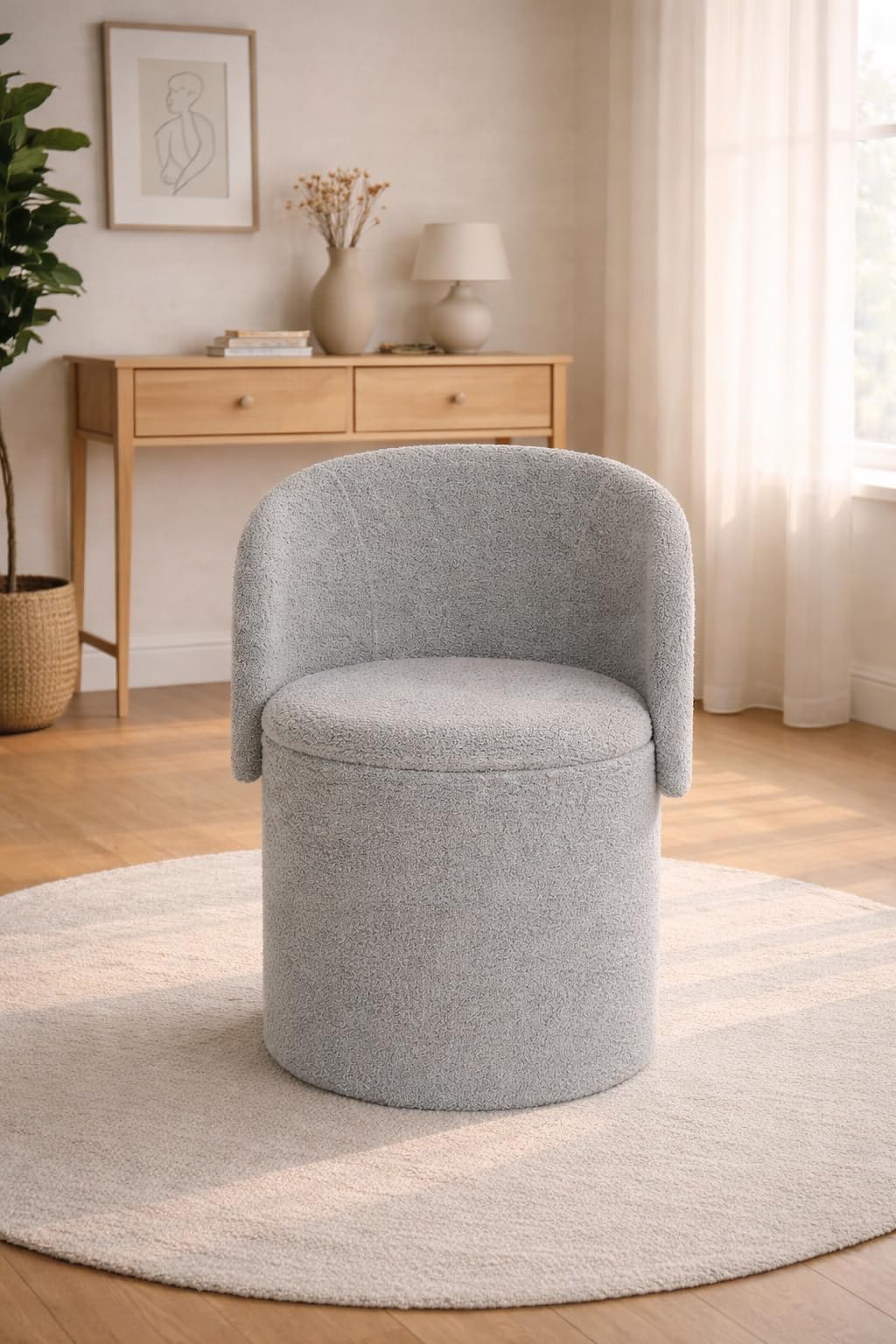 BLOOM BLENDS Teddy Boucle Tub Chair With Hidden Storage, Round Vanity Seat With Curved Back and Lift-Off Lid, Wooden Frame, 150kg, 46 x 62 cm (Grey) — image 1