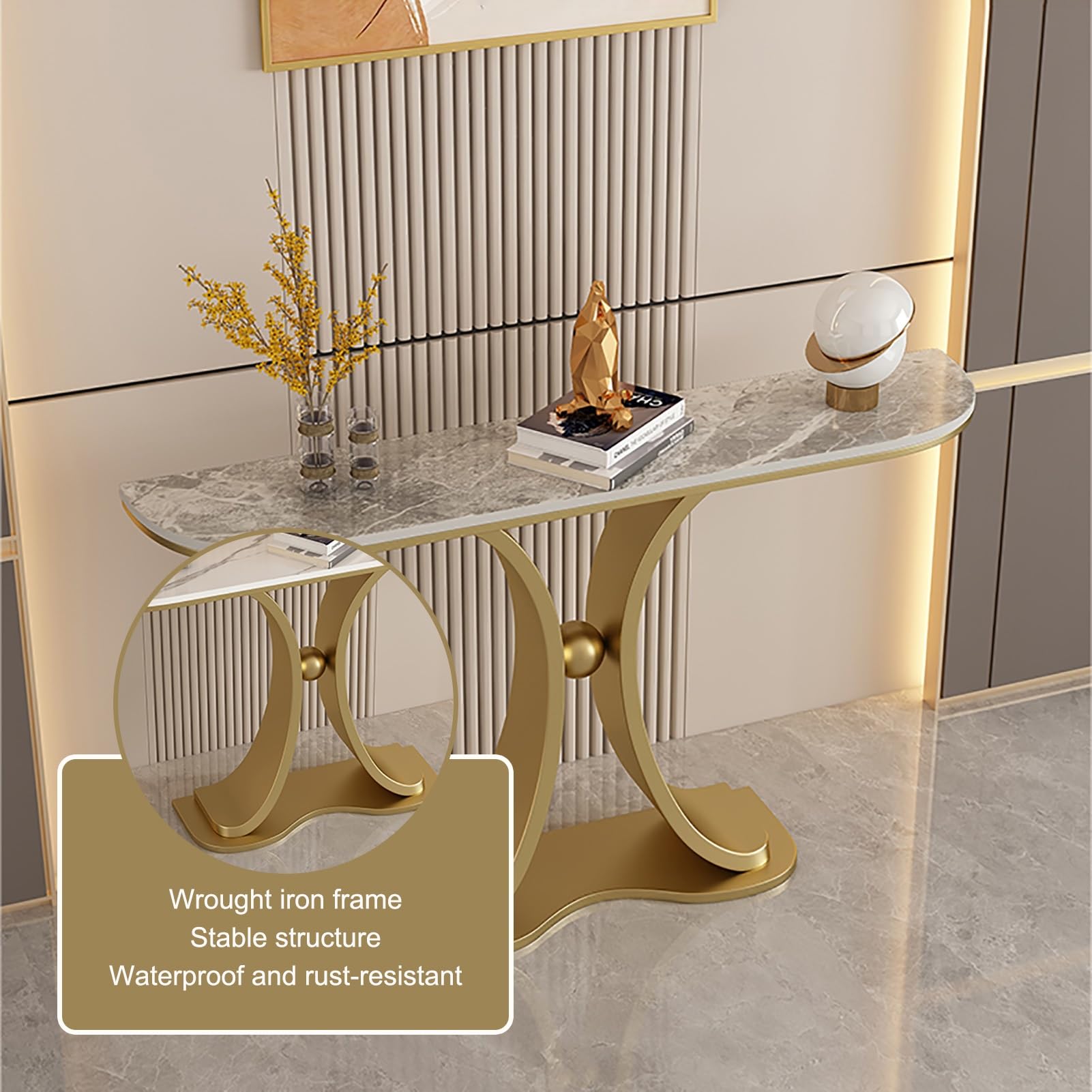 Consolle per Ingresso, tavolino Stretto e Lungo per Foyer con Base Geometrica in Metallo, tavolino d'appoggio per Soggiorno, Ingresso, corridoio, Camera da Letto (2.120 cm/47,5 Pollici)