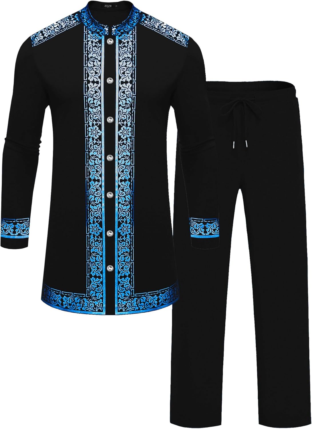 ZSJR Mens African 2 Piece Set Nigerian Dashiki Metallic Traditional Suit Gold Stamp Printed Shirt and Pants Outfit