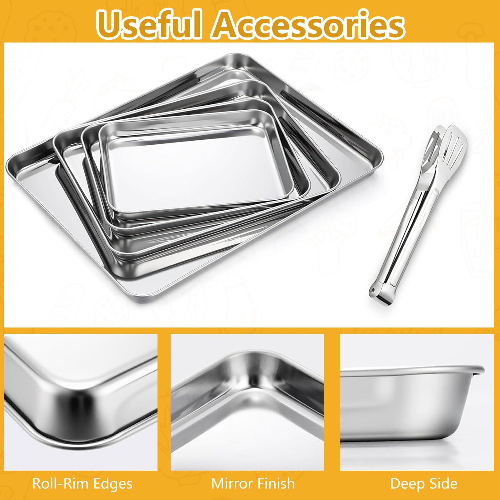 Set di 4 teglie da forno con clip da forno, in acciaio inox, facili da pulire, rettangolari, per cuocere o arrostire, lavabili in lavastoviglie