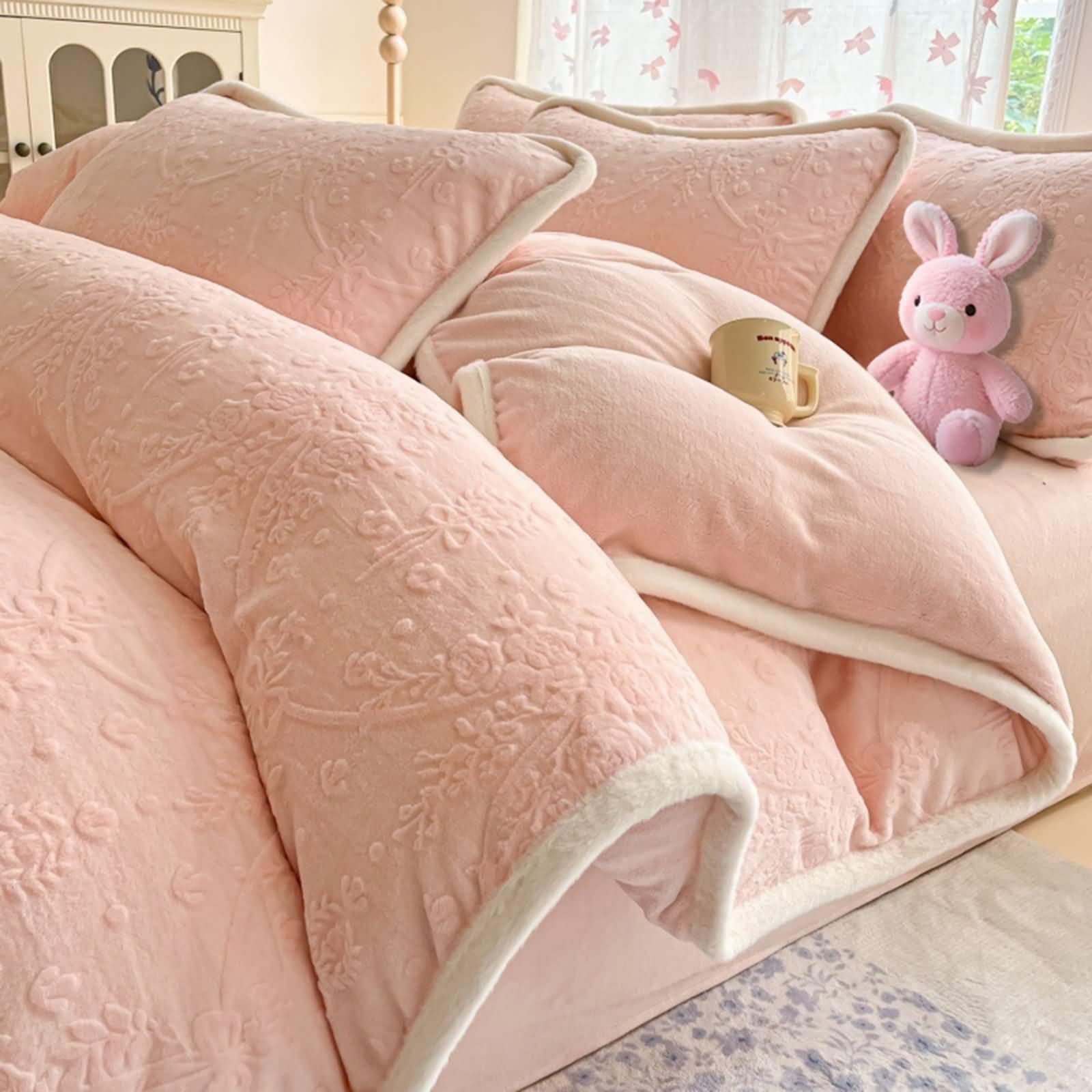 Housse de couette 200x230cm velours rose et drap housse 150x200 parure lit 4 pièces