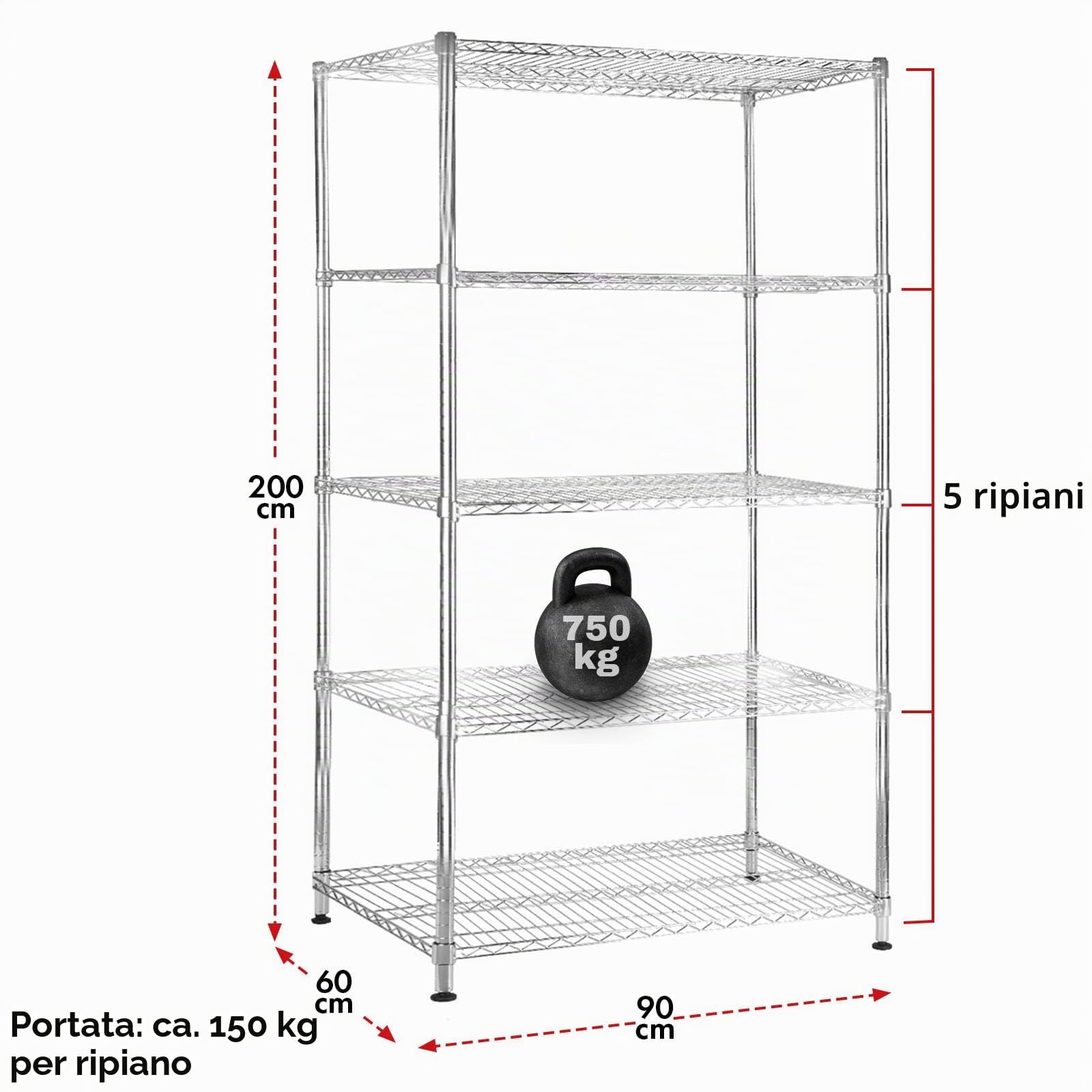 KARAT Scaffale in metallo decorativo e robusto, scaffale per cantina per bagno, cucina, ufficio, interni ed esterni (90x60x200-chrome-himalaya: ⌀ 25mm)