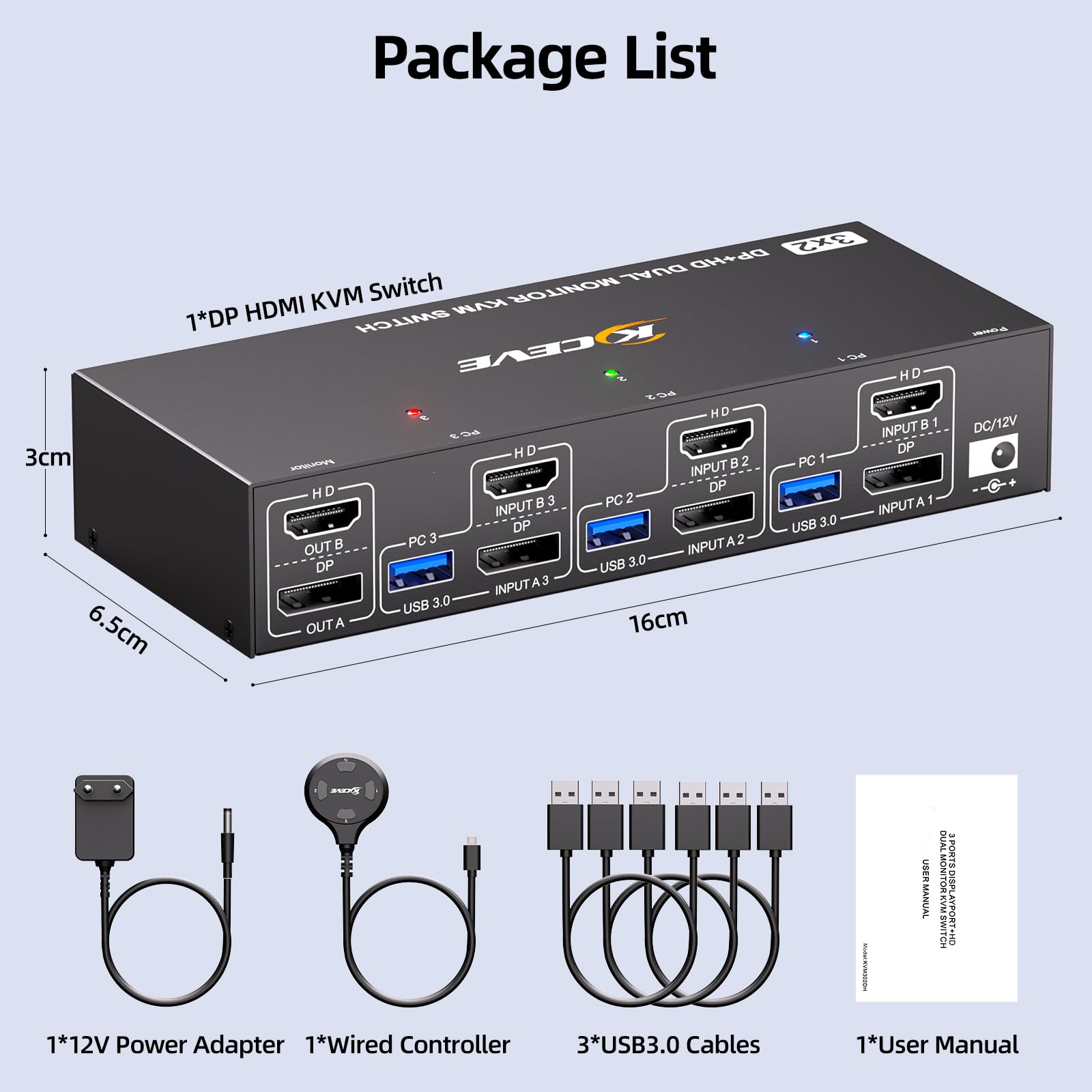 8K@60Hz HDMI Displayport Dual Monitore KVM Switch, ESKEVE KVM Switch 3 PC 2 Monitore Sharing 2 Monitore und 4 USB Geräte, mit Netzteil, Kabelfernbedienung und 3 USB Kabel