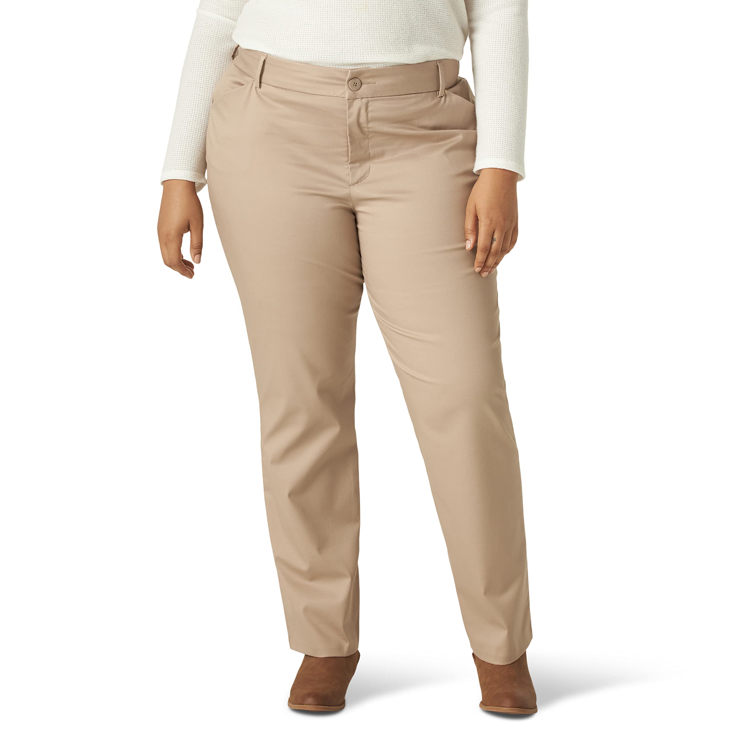 Lee Women's Plus Size Wrinkle Free Relaxed Fit Straight Leg Pant, Flax, 22 Petite