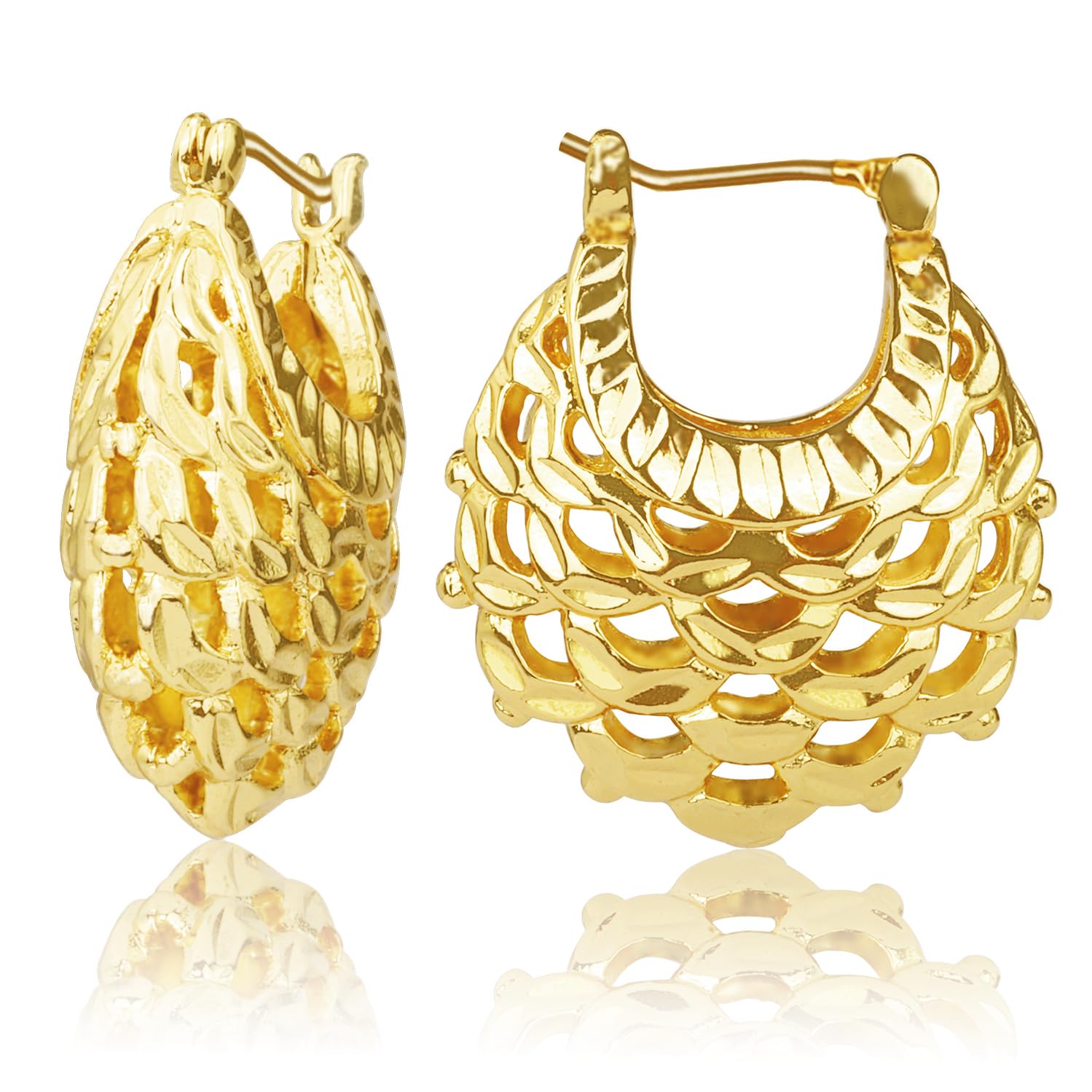 Filigree Earrings,XILAZAB Vintage Filigree Hoop Earrings Oval Hollowed Gold Plated Dangle Earrings Click-Top Boho Yellow Fashion Earrings for Women