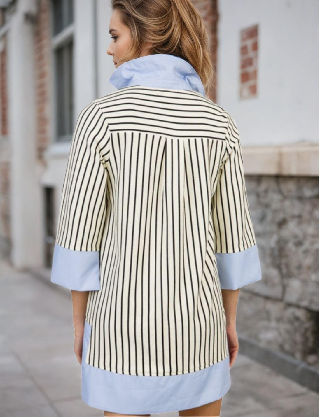 Kwoki Women's Striped Summer Mini Dress 2026 Casual Patchwork Lapel V Neck 3/4 Sleeve Elegant A Line T Shirt Dresses - Image 5