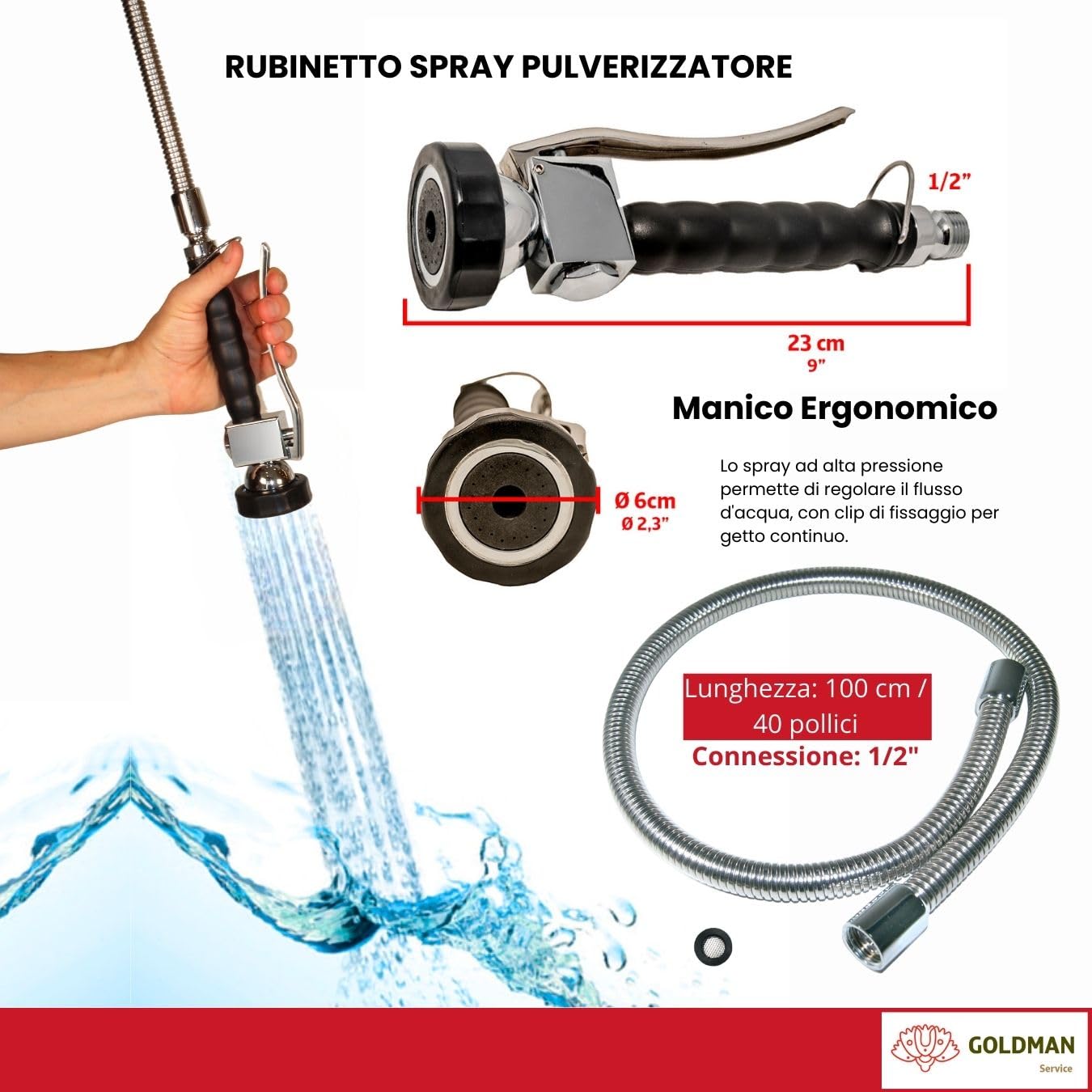 GOLDMAN SERVICE | Rubinetto a Pomello Estraibile per Lavello da Cucina con Doccia a Spray. Usi Industriali, Alberghieri e Domestici.