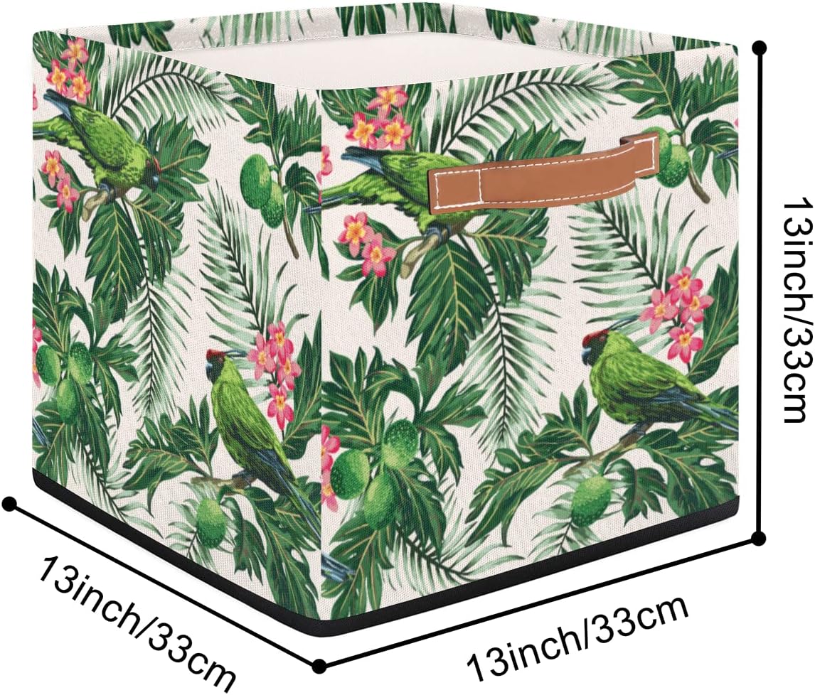 Cube Storage Baskets Tropical Floral Bird Collapsible Storage Bins 13 x 13 x 13 Inch Decorative Fabric Organizing Bins with Handles Cubes for Shelves Closet Toy Bedroom Bathroom Office Home