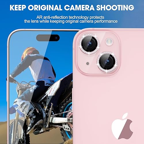 Miniatura 4 de Xfilm Protector de lente de cámara compatible con iPhone 1515 Plus, anillo de diamante de metal individual dureza 9H, protector a prueba de