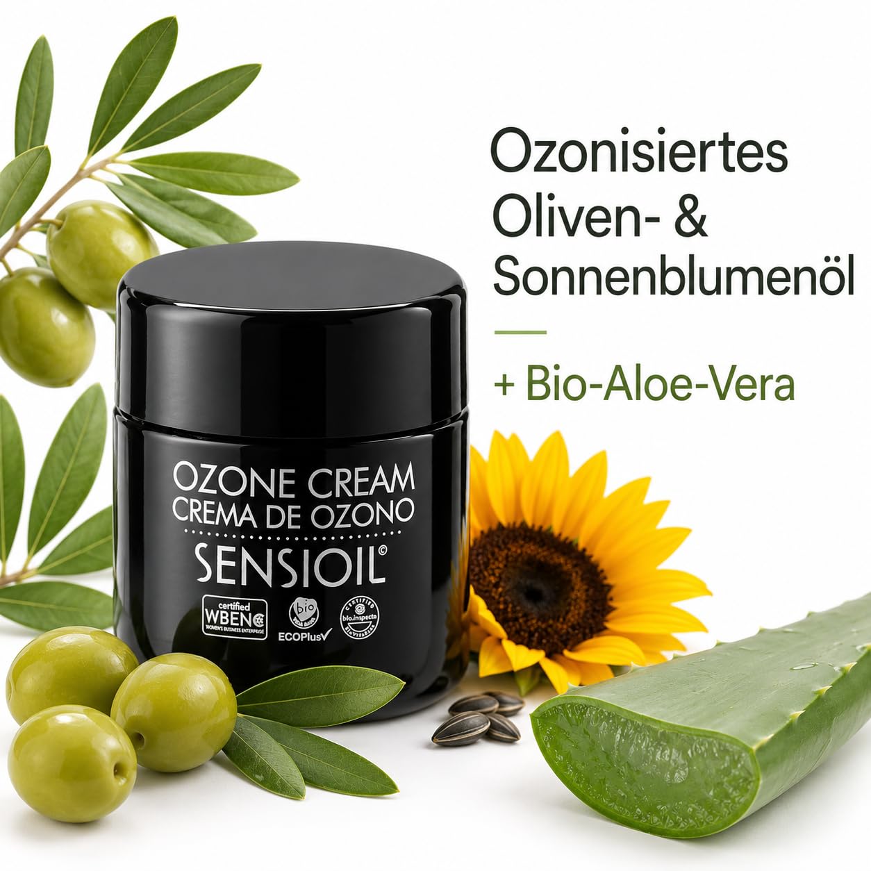 OZOLABS Ozon-Gesichtscreme 50 ml - Feuchtigkeitscreme Anti-Aging für empfindliche Haut | Ozonöl Olive, Sonnenblume + Aloe Vera | Regenerierend für Tag & Nacht | Vegan, Bio | EcoPlus · ISO 9001
