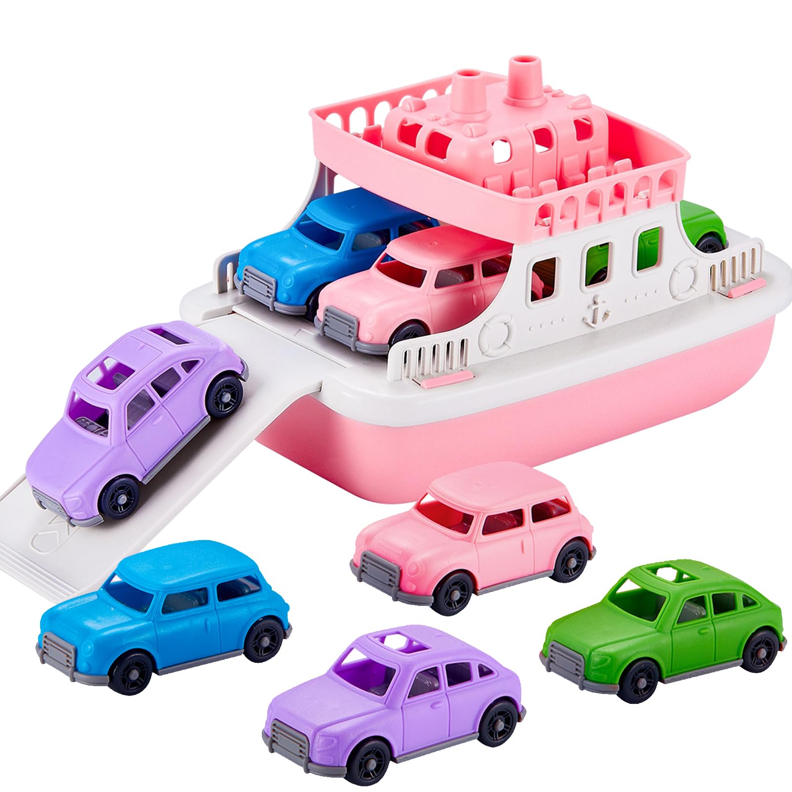 Jorpneost Ferry Boat Set With 4 Mini Cars, Mold Free Bath Toys for Girls Toddlers Kids, Water Toys for Bathtub, Pool and B...