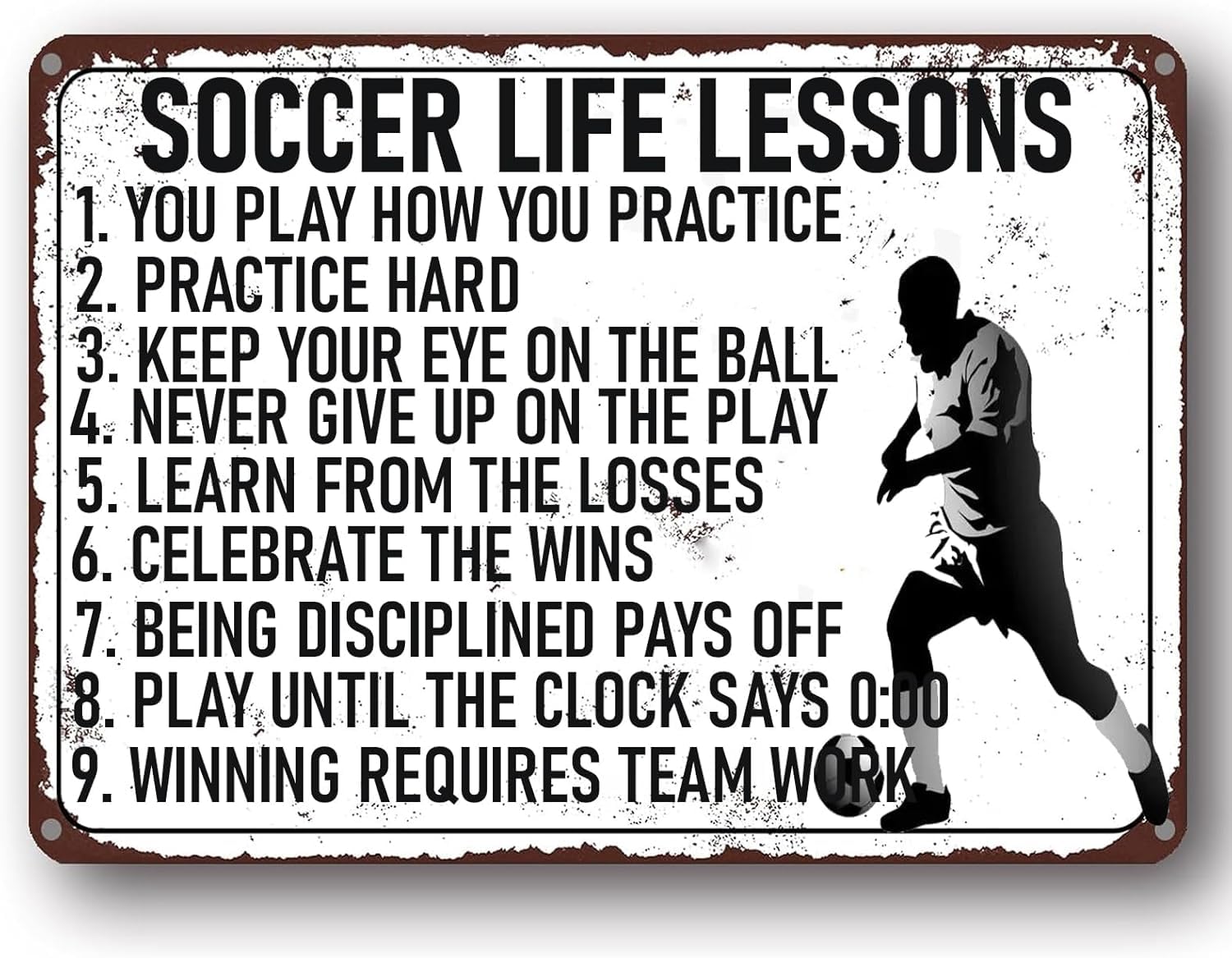 SMAZDFXX Soccer Life Lessons Metal Tin Sign Soccer Sport Inspirational Wall Art Retro Tin Poster Plaque for Home Kitchen Bar Pub Cafe Man Cave Decor Accessories 12"x16"