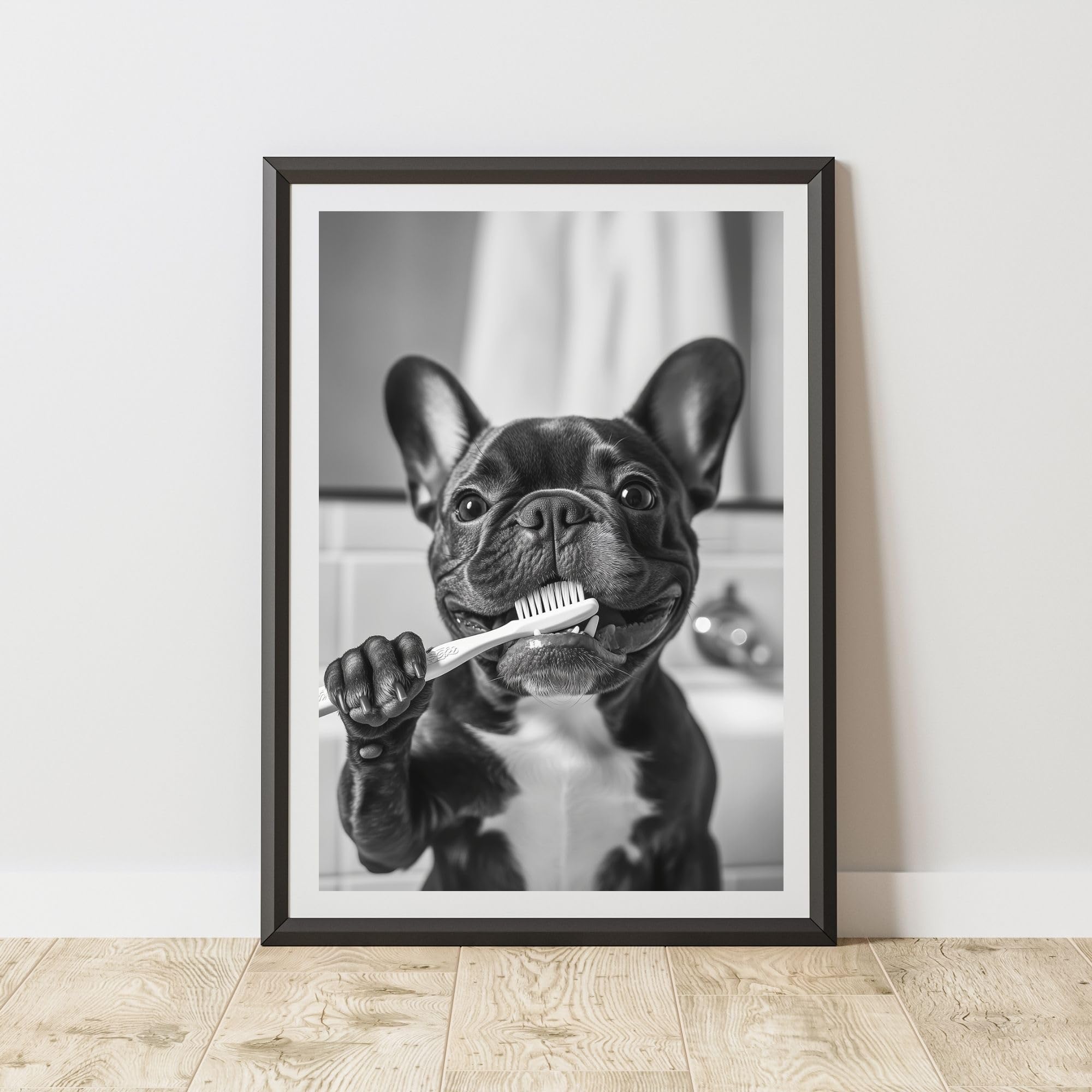 60 Second Makeover Photo Limited French Bulldog Brushing Teeth Quirky Animal Print Bathroom Accessories Wall Art Posters Pictures For Bathroom Walls Home Accessories Home Decoration Funny No Frame - A5