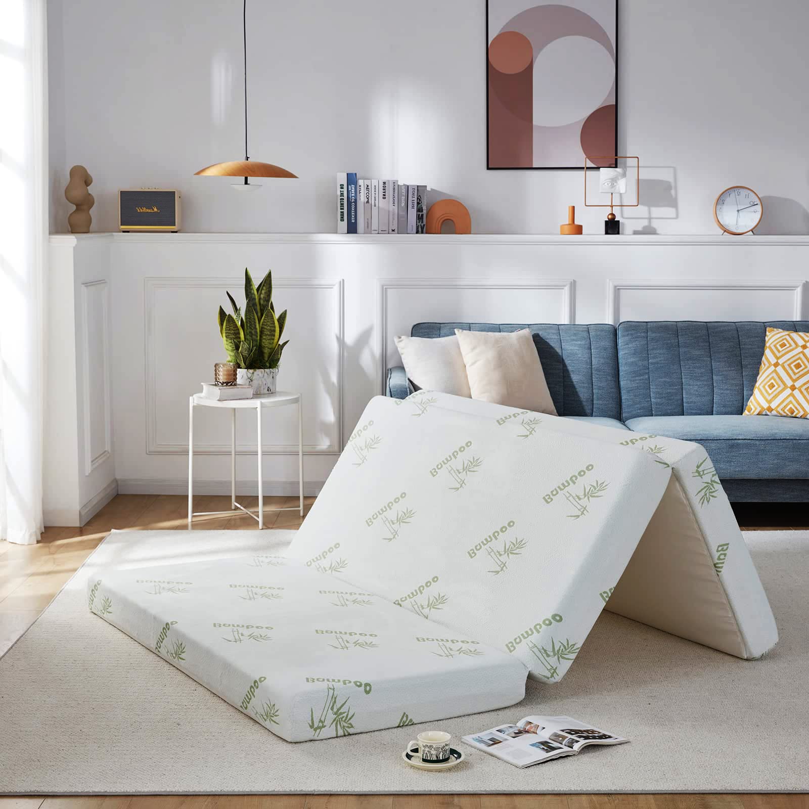 SINWEEK Folding Mattress, 3 Inch Trifold Mattress Topper Portable Floor Mattress with Washable Bamboo Cover, Waterproof Lining, Non-Slip Bottom, Camping Mattress Guest Bed Floor Bed, Cot Size