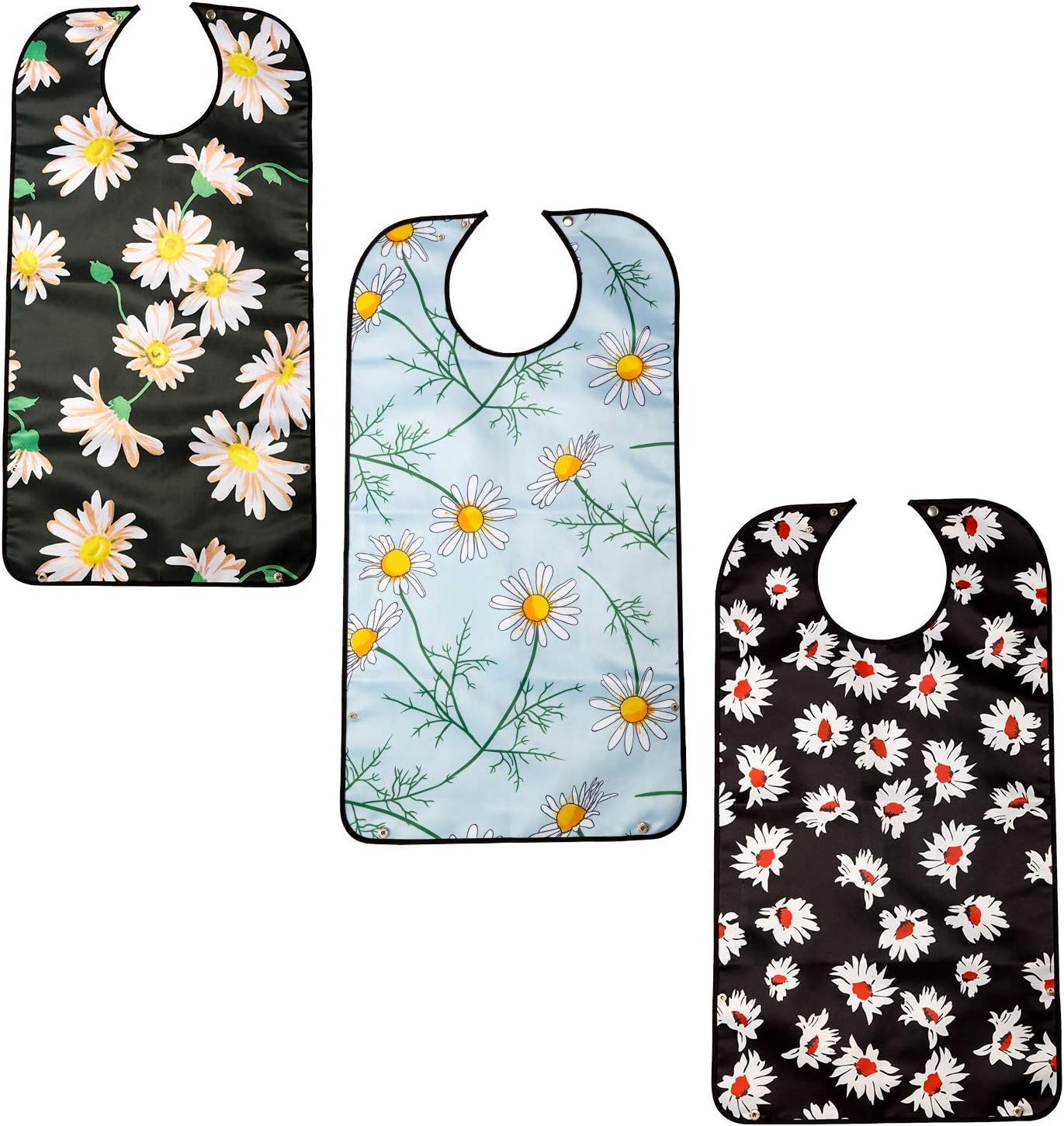 Mikako Adult Bibs for Eating Women,Waterproof Soft Reusable Adult Bib with Pocket,3 Pack,Adjustable Snap Closure,Reuasale Washable,33โL * 18โW (flower1)