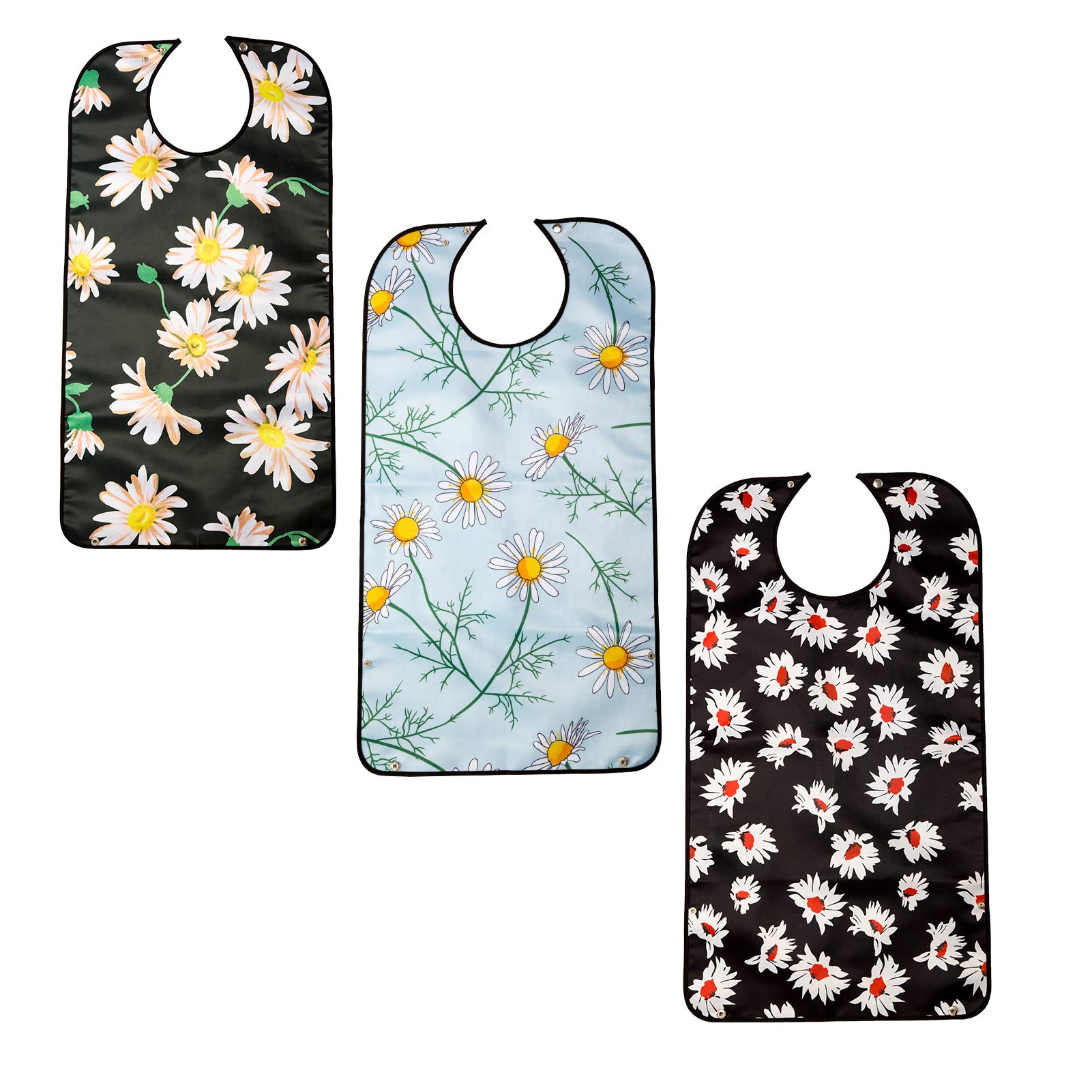 Mikako Adult Bibs for Eating Women,Waterproof Soft Reusable Adult Bib with Pocket,3 Pack,Adjustable Snap Closure,Reuasale Washable,33”L * 18”W (flower1)