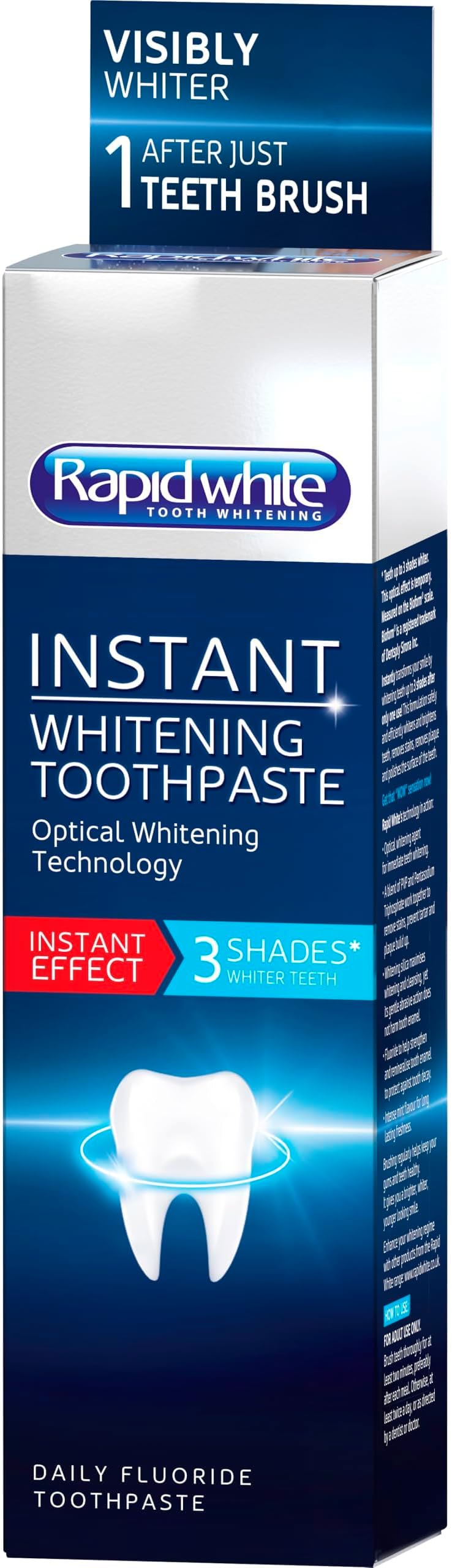 Rapid White Instant Whitening Toothpaste 75ml | Remove Stains, Prevents Tartar and Plaque Build-up | Contains Fluoride to Protect Against Tooth Decay | Intense Mint Flavour for Lasting Freshness