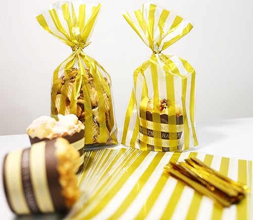 Miniatura 7 de WOKawaiYo HOPEMT - 200 bolsas de plástico translúcidas de rayas doradas/bolsas de celofán con 100 lazos dorados para galletas, pasteles, chocolate,
