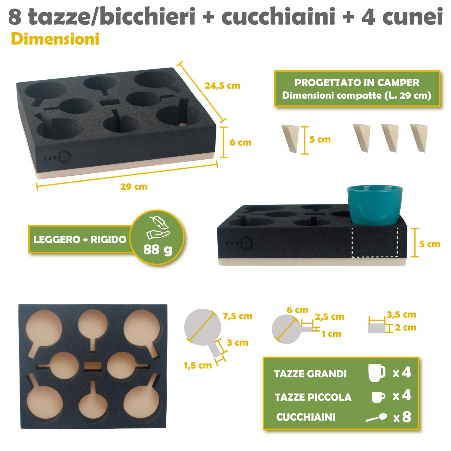 ZENKI Supporto per tazze per camper (8 tazze, 8 cucchiai, 4 cunei di fissaggio), materiale biologico. Per camper, roulotte, barche. Supporto per bicchieri e tazze per roulotte Airstream. Accessorio