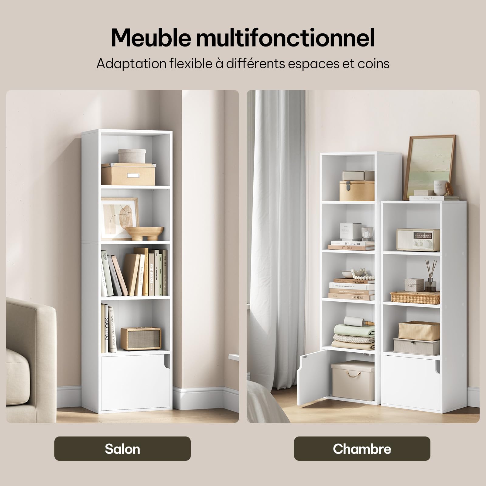 eSituro Bibliothèque Étagère, Meuble Cube, avec 5 Compartiments et 1 Porte, Blanc, pour Salon, Chambre