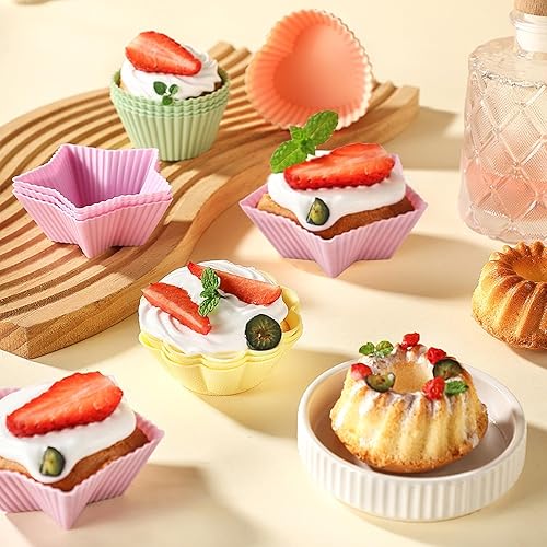 Miniatura 8 de Paquete de 25 forros de silicona reutilizables para magdalenas, moldes antiadherentes para magdalenas, cinco formas de flor, corazón, redondo,