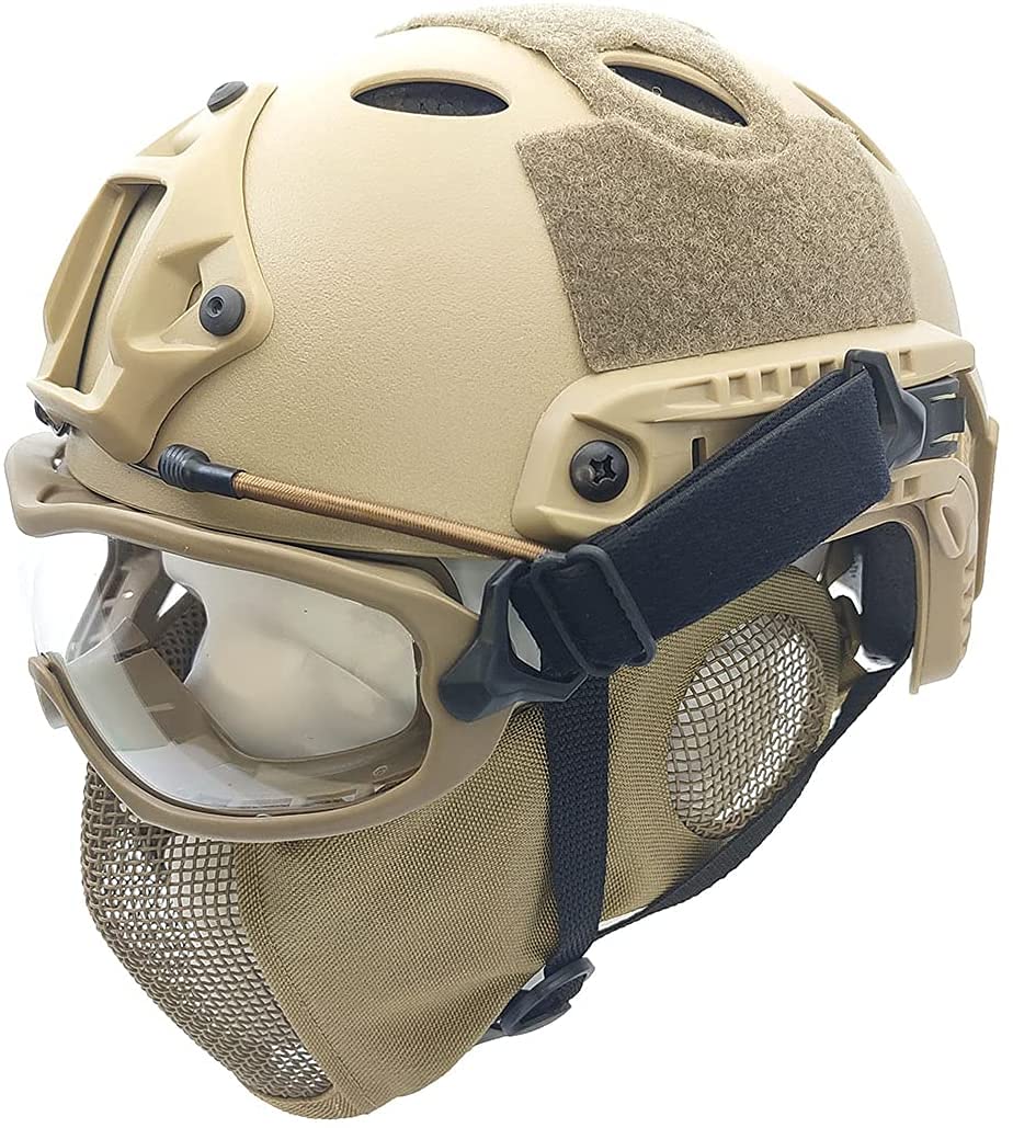 Tactique Airsoft Fast Casque et Masque de Protection des Oreilles en Maille Demi-Visage Pliable avec Lunettes de Protection Complète du Visage