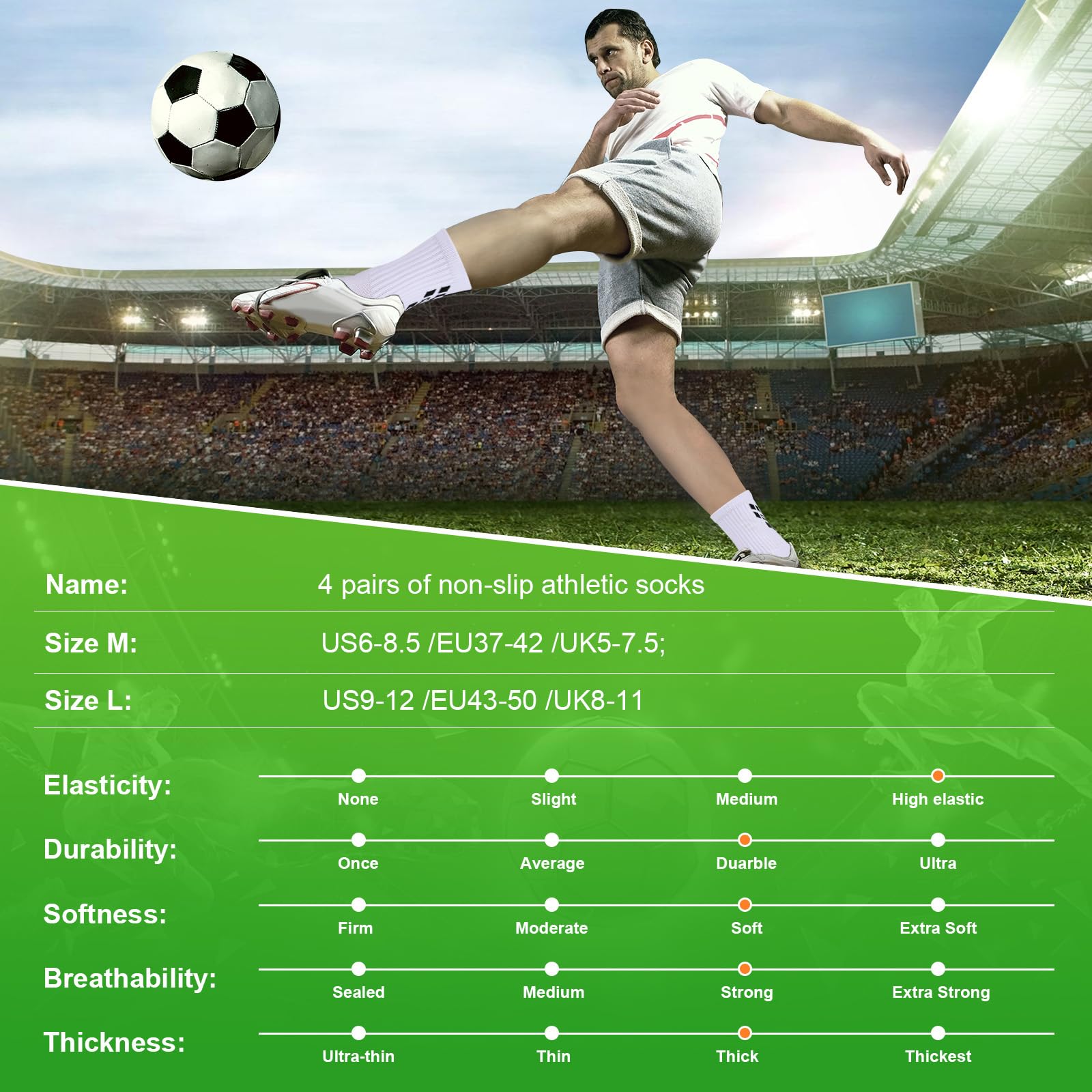 Gogogoal 4-paia Calzini sportivi da calcio antiscivolo per uomo donna, calzini sportivi imbottiti traspiranti Grip antiscivolo 37-42 43-50