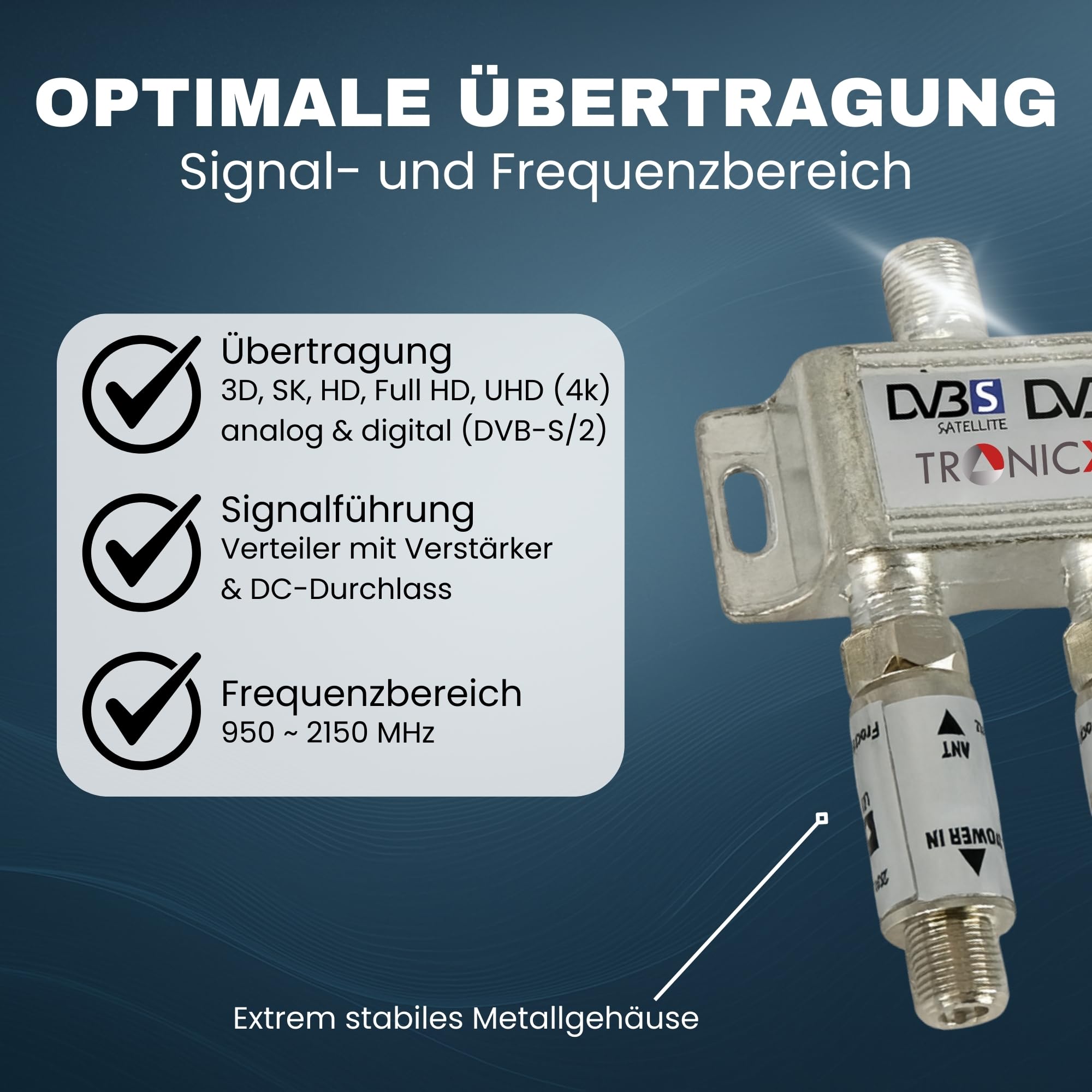 TronicXL 3-fach Sat Splitter 60dB Verstärker I Antennenverteiler Weiche DVB-S2 DVB-T2 Weiche mit Antennenverstärker für 3D 4K HDTV Signalverstärker für guten Empfang