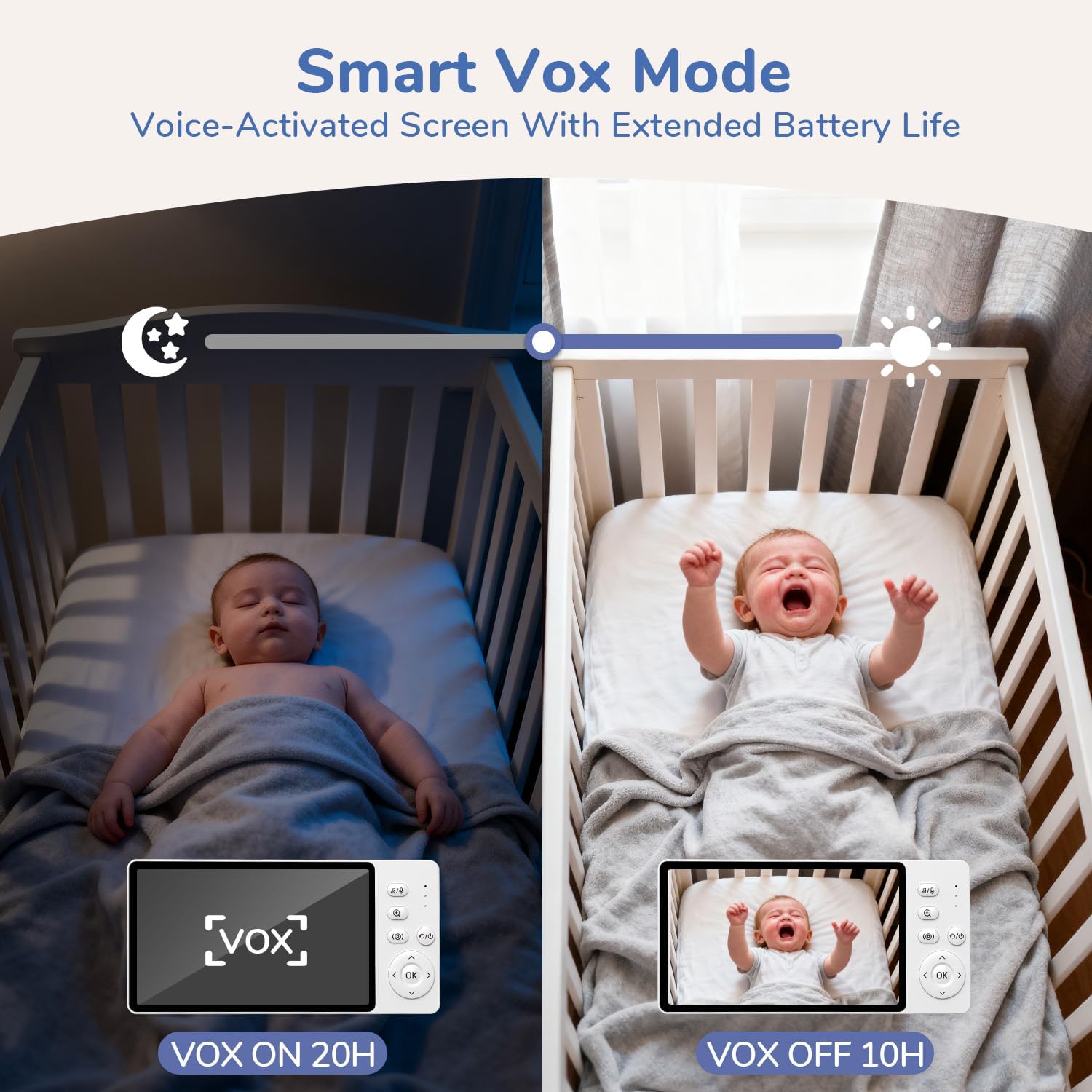 Smart VOX mode illustration with baby sleeping and crying