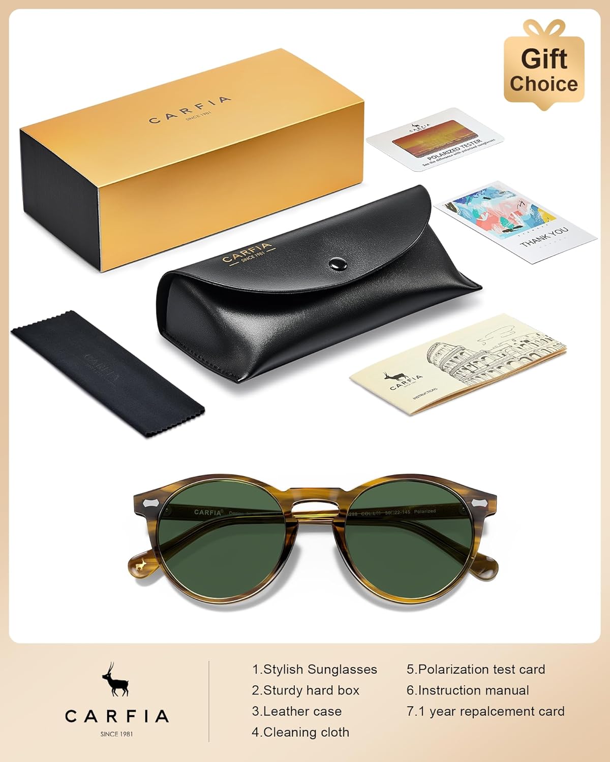 CARFIA Retro Polarized Sunglasses for Men UV400 Protection Handmade Acetate Round Frame CA5288L - Image 7