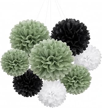 9PCS Sage Green Rustic Black Party Decorations Hanging Pom Poms Paper Flowers Backdrop Farmhouse Christmas Wedding Birthday Table Centerpieces Wall Decor