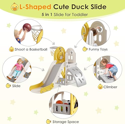 Miniatura 8 de Tobogán 4 en 1 para niños pequeños de 1 a 3 años con aro de baloncesto y pelota, tobogán para niños, para interiores y exteriores, patio trasero,