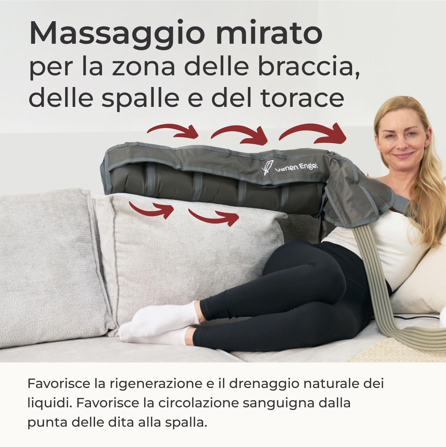 Venen Engel 4 Basic con flusso linfatico per il braccio destro | 4 camere d'aria | 1 programma di massaggio | massaggio a onde di pressione favorisce la circolazione sanguigna