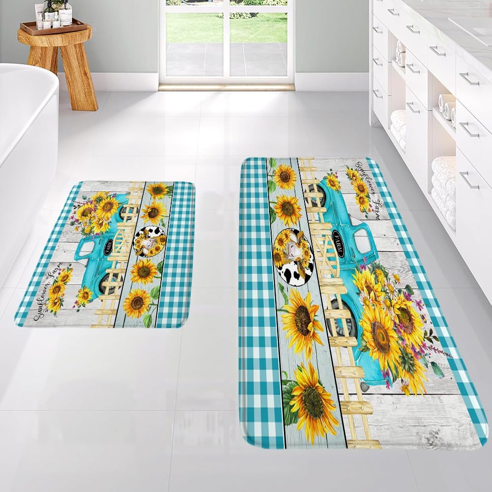 2 Piece Set Truck Sunflower Bathroom Rugs Farmhouse Rustic Flower Cow Vintage Wooden Board Teal White Buffalo Check Plaid Bath Mat Bedroom Toilet Floor Doormat