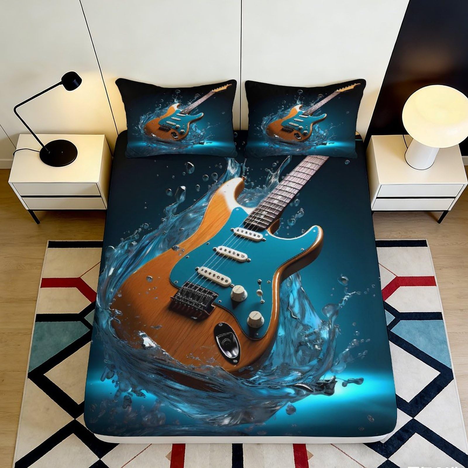 3D Printed Electric Guitar Fitted Sheet Microfiber Blue Splash Bed Cover for Bedroom Guest Room Decor Easy Care 90x200x25cm