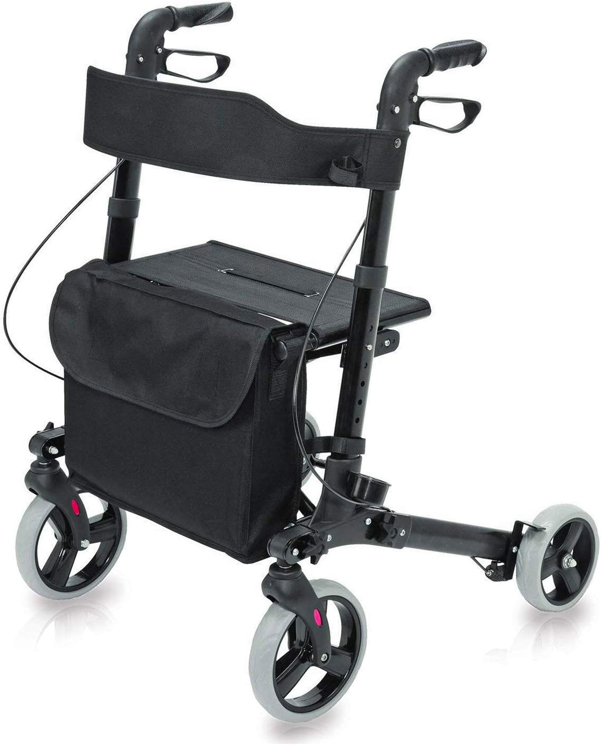 HealthSmartWalker Rollator with Seat and Backrest, Adjustable Handle Height, FSA HSA Eligible, Storage Bag and A Durable Lightweight Frame That Easily Folds While Supporting Up to 300 pounds, Black
