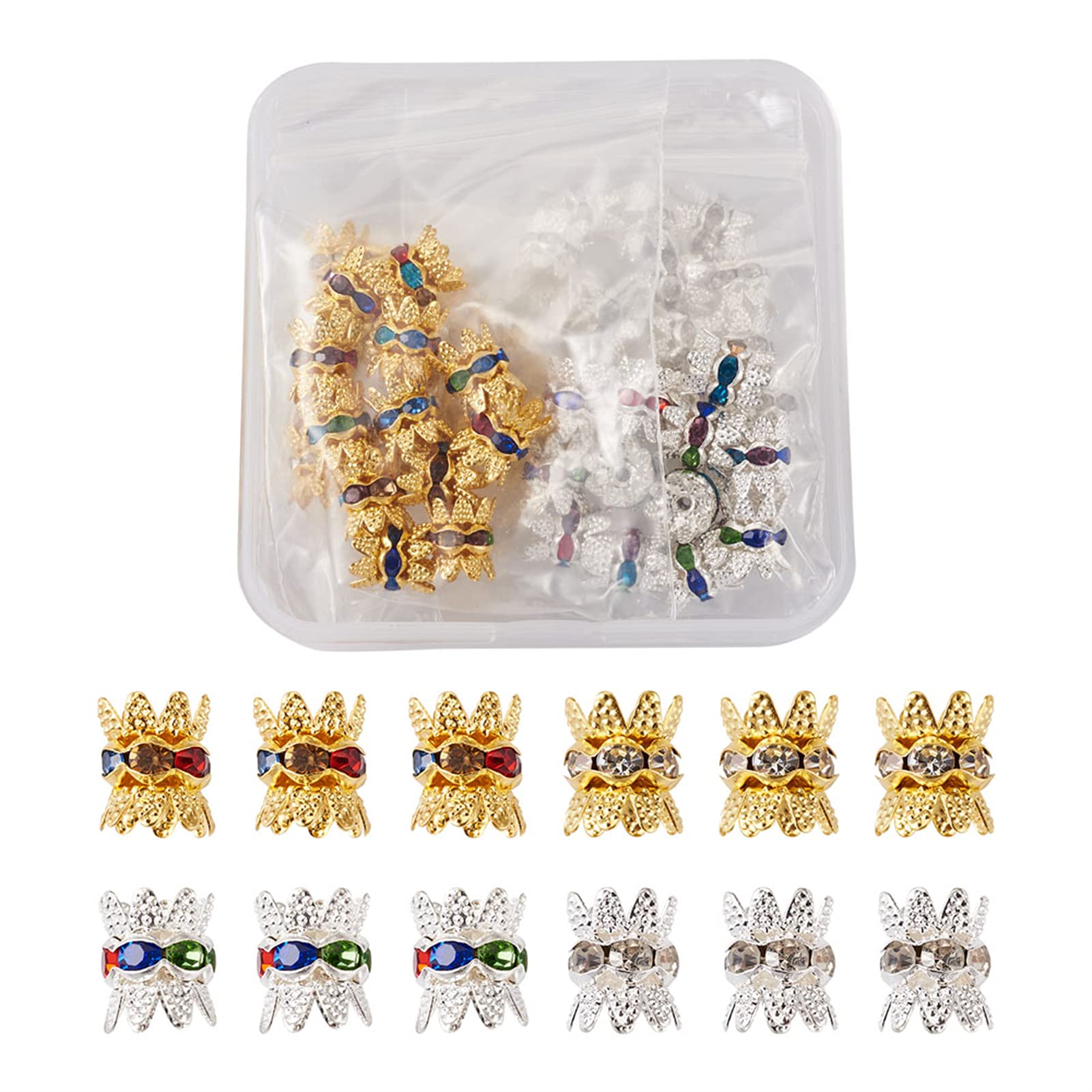 FASHEWELRYFashewelry 48pcs Double Bead Caps Filigree Flower End Bead Covers with Crystal Rhinestone Silver Gold Multi-Petal Floral Spacer Loose Beads for Jewelry Making DIY Craft