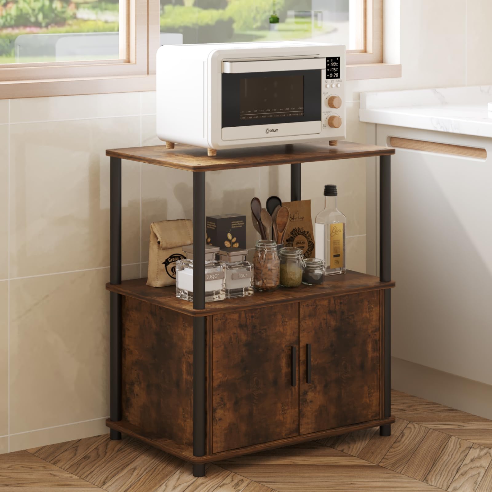 HOME CUBE 2-Tier Microwave Stand with Storage Cabinet, Standing Shelf Unit with Door, Kitchen Storage Rack, Baker's Rack, Bookshelf Organiser, Space Saving Storage Organizer For Living Room 60x39x78cm-image-34