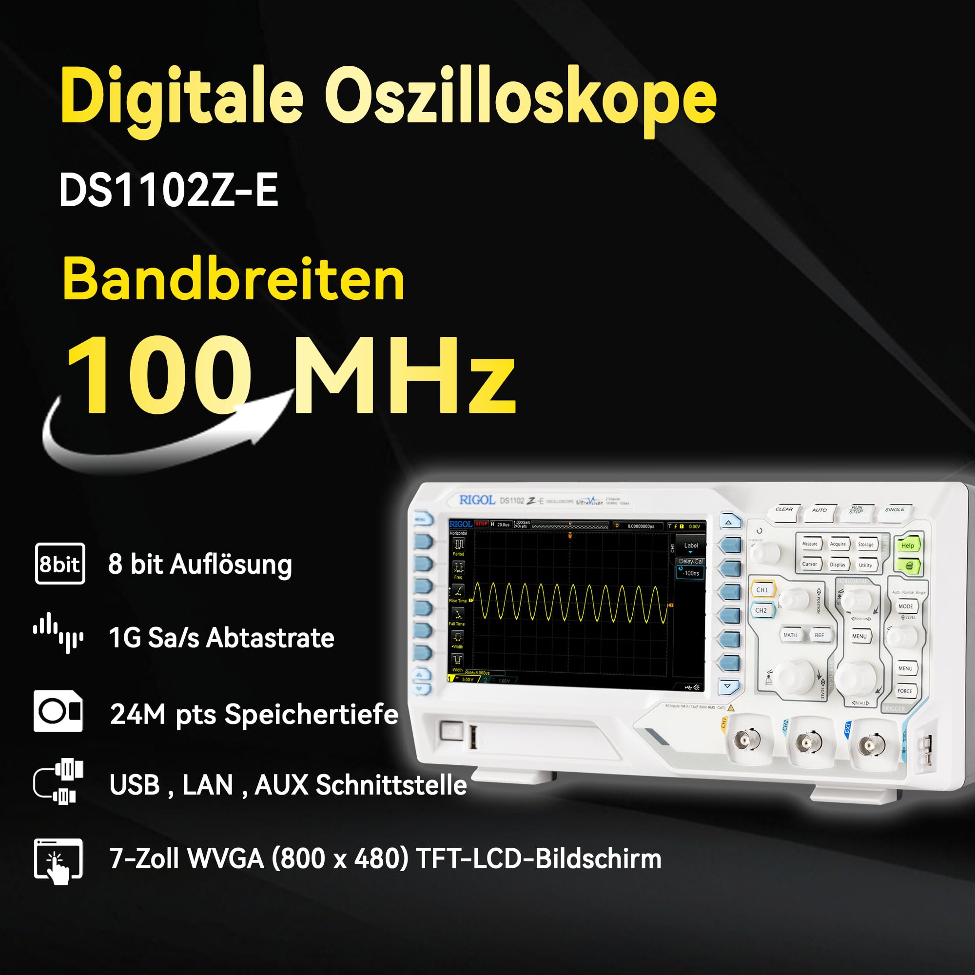 RIGOL Oszilloskop,DS1102Z-E Labor-Oszilloskop,100MHz, 2 Analogkanäle+EXT, 7-Zoll TFT-Display,Unterstützt Wellenformaufzeichnung und -wiedergabe.,Für Entwicklung,Reparatur und Laborschulungen