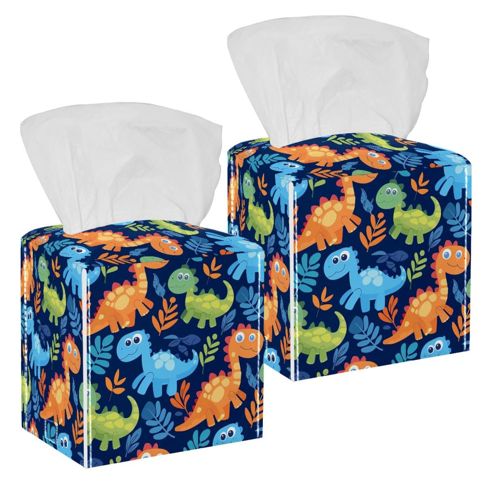 Cartoon Dinosaur Tissue Box Cover, 2 Pack PU Leather Square Facial Tissue Dispenser Box holder for Home Office Car