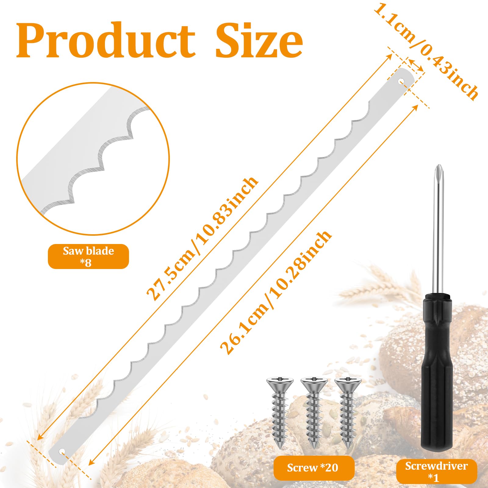 Bread Bow Knife Blades, Stainless Steel Replacement Blade for Wooden Bread Knife, Bread Bow Cutter Blades with Screws and Screwdriver, Serrated Bread Blade Rustproof Bread Slicer Bread Cutting Tool