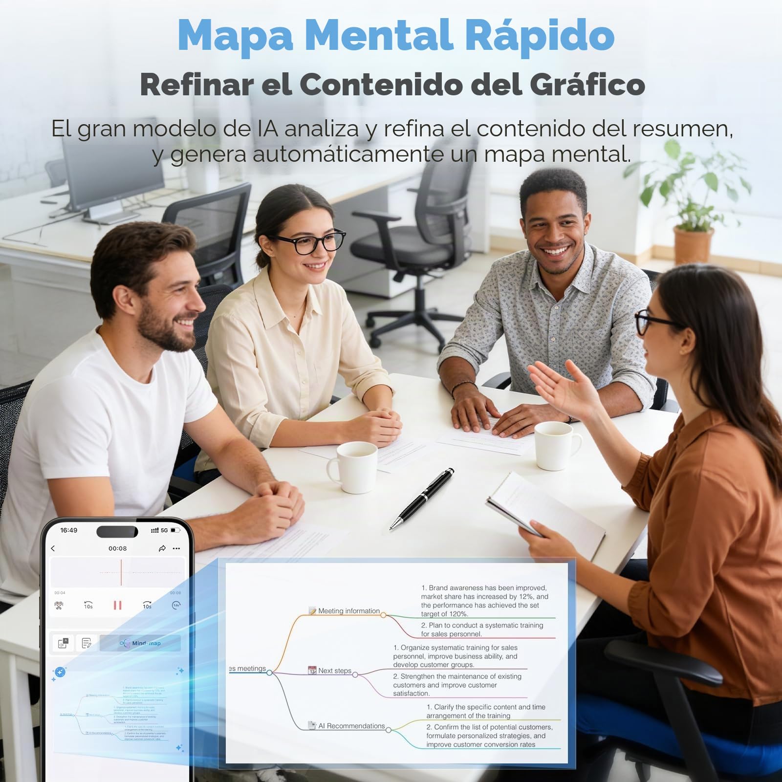 Grabadora de Voz con IA de 64GB, Bolígrafo Grabador de Audio con Transcripción y Traducción en Tiempo Real, Micrófono Espía Oculto, Resumen por IA y Mapa Mental, para Reuniones, Clases y Entrevistas