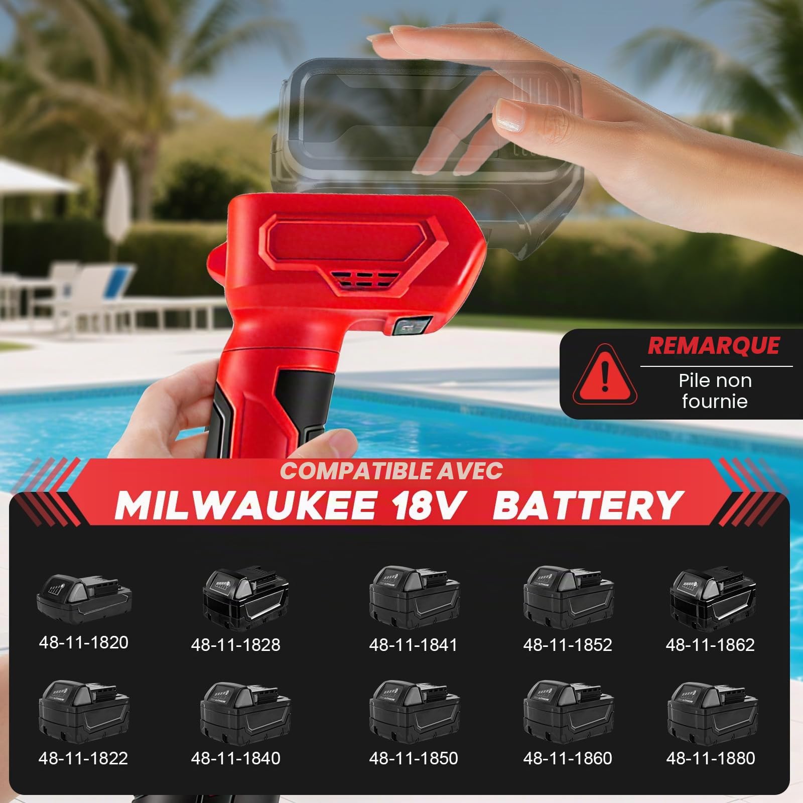 Pompe de transfert d'eau sans fil pour Milwaukee 18V (sans batterie) | 90 l/min, pompe de puisard portable, 1,5m tuyau et buse, pour piscine, jardin, étang