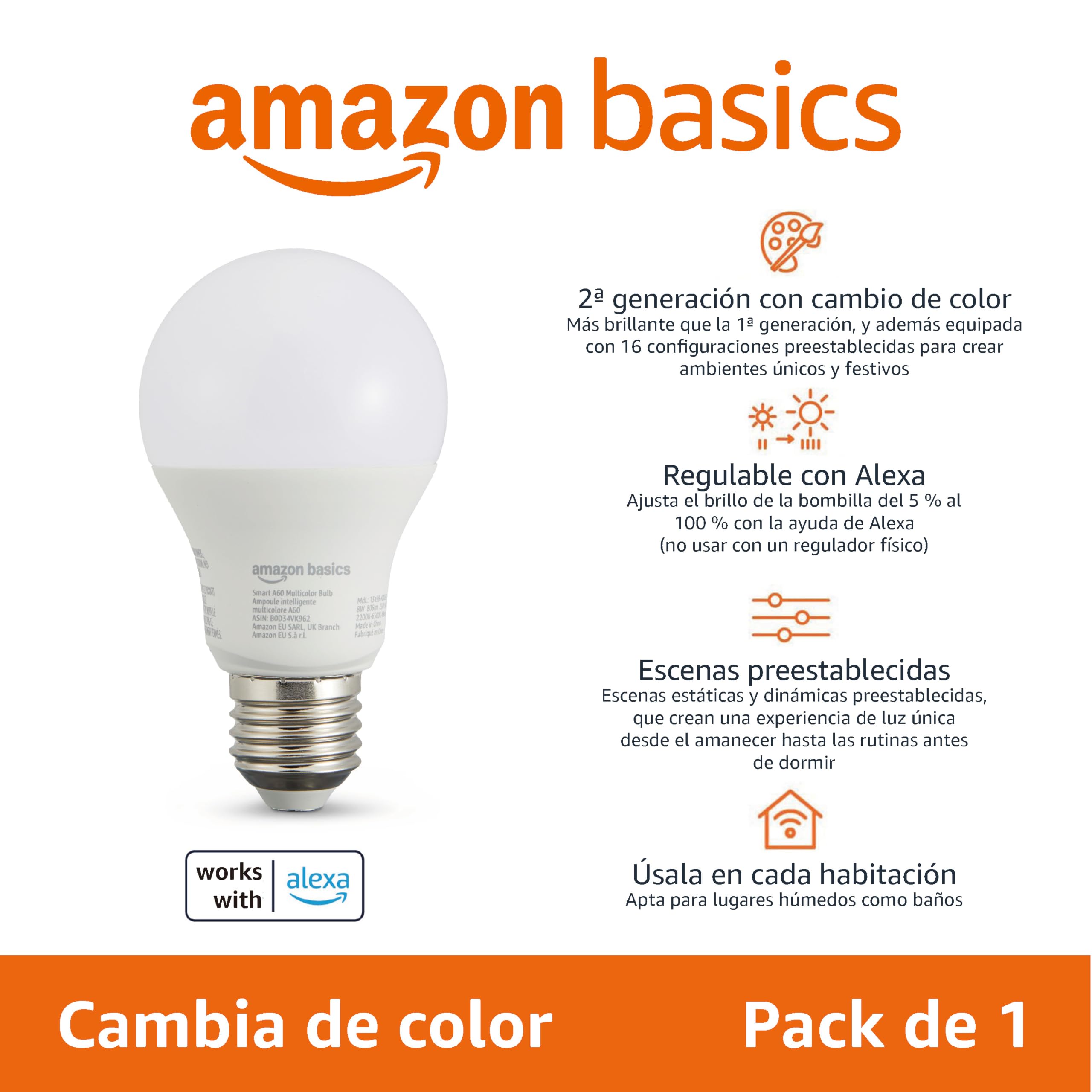 Amazon Basics Smart Bombilla led multicolor, casquillo E27, 8W (equivalente a 60W), funciona solo con Alexa, 1 paquete