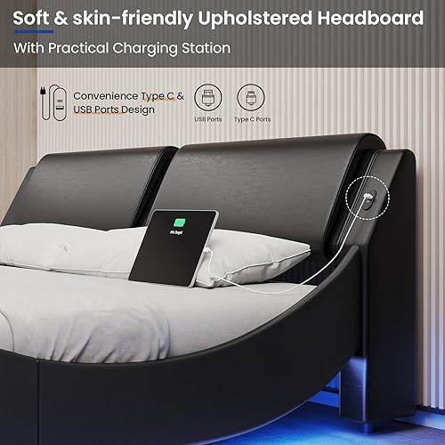 Miniatura 13 de DICTAC Base de cama King con puertos de carga y cabecero, base de cama de plataforma tamaño King con luces LED onduladas como curvas, soporte de