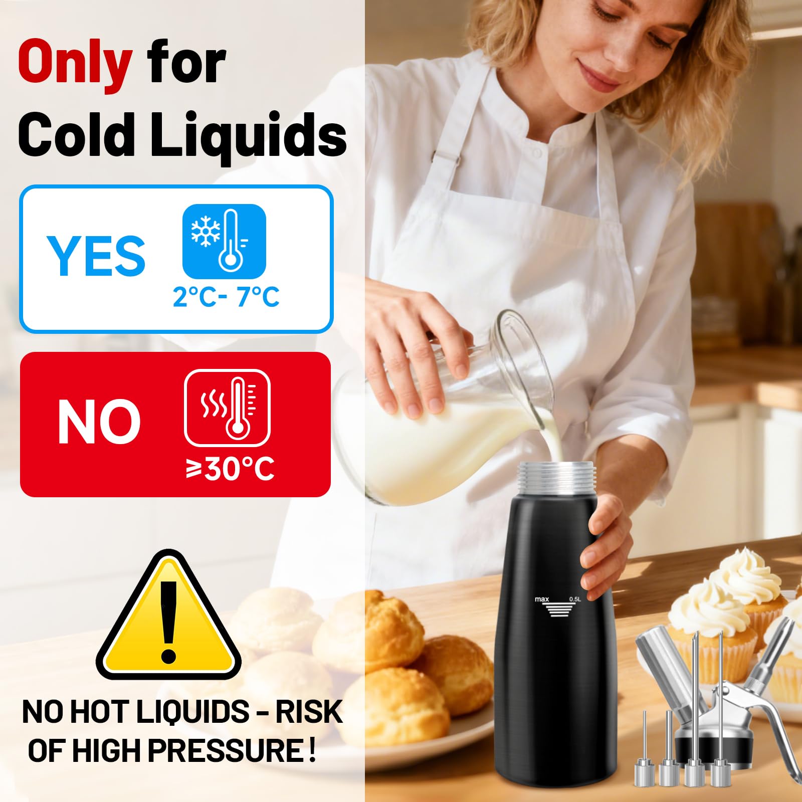 Sifón de Cocina,500 ml sifón de Cocina espumas,sifon de Nata Aluminio para Espumas Dulces Y Saladas Nata Mousse,con 4 Puntas de inyector，3 boquillas Acero Inoxidable